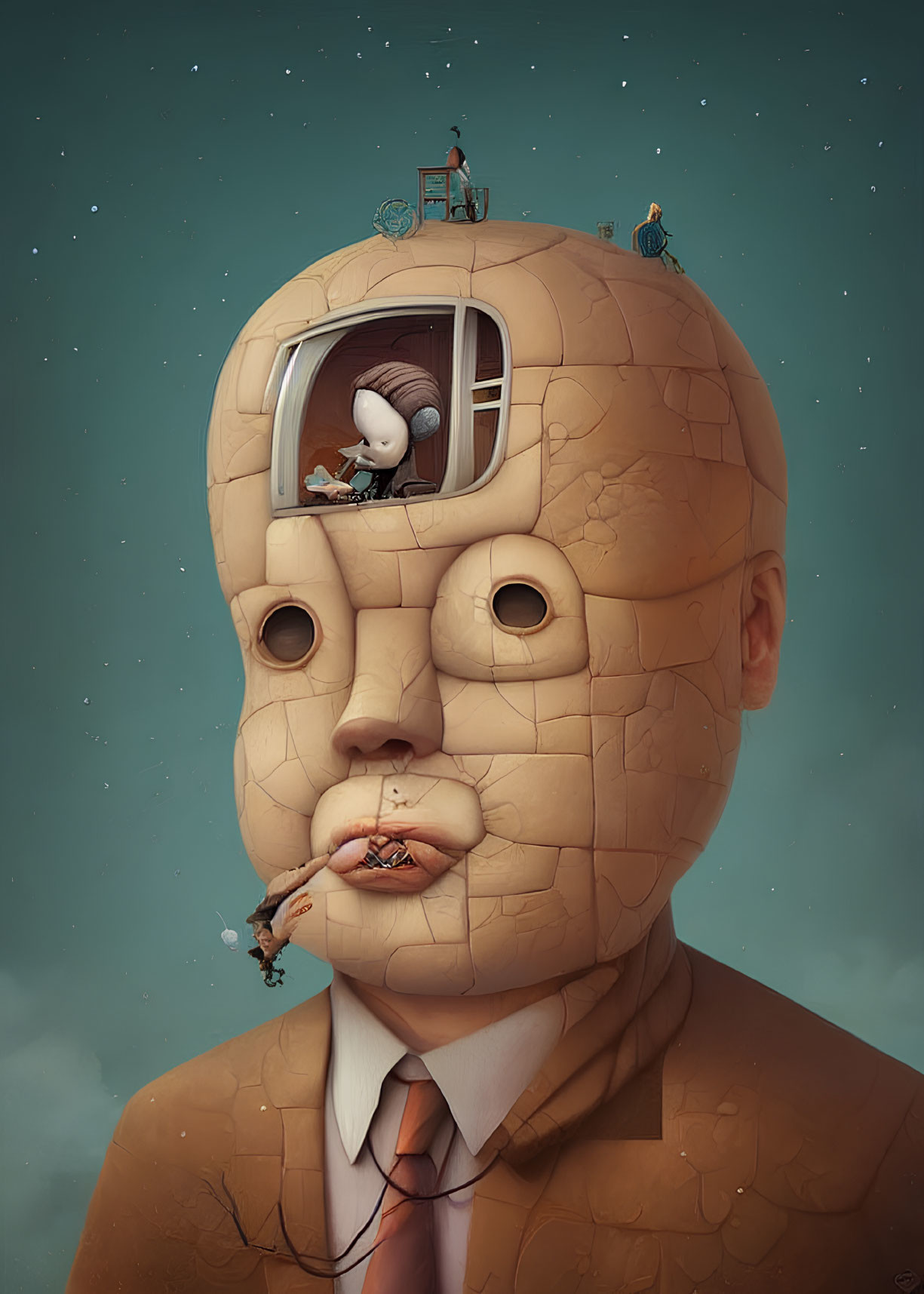 Surreal Illustration of Giant Cracked Head with Rooms and Characters Inside