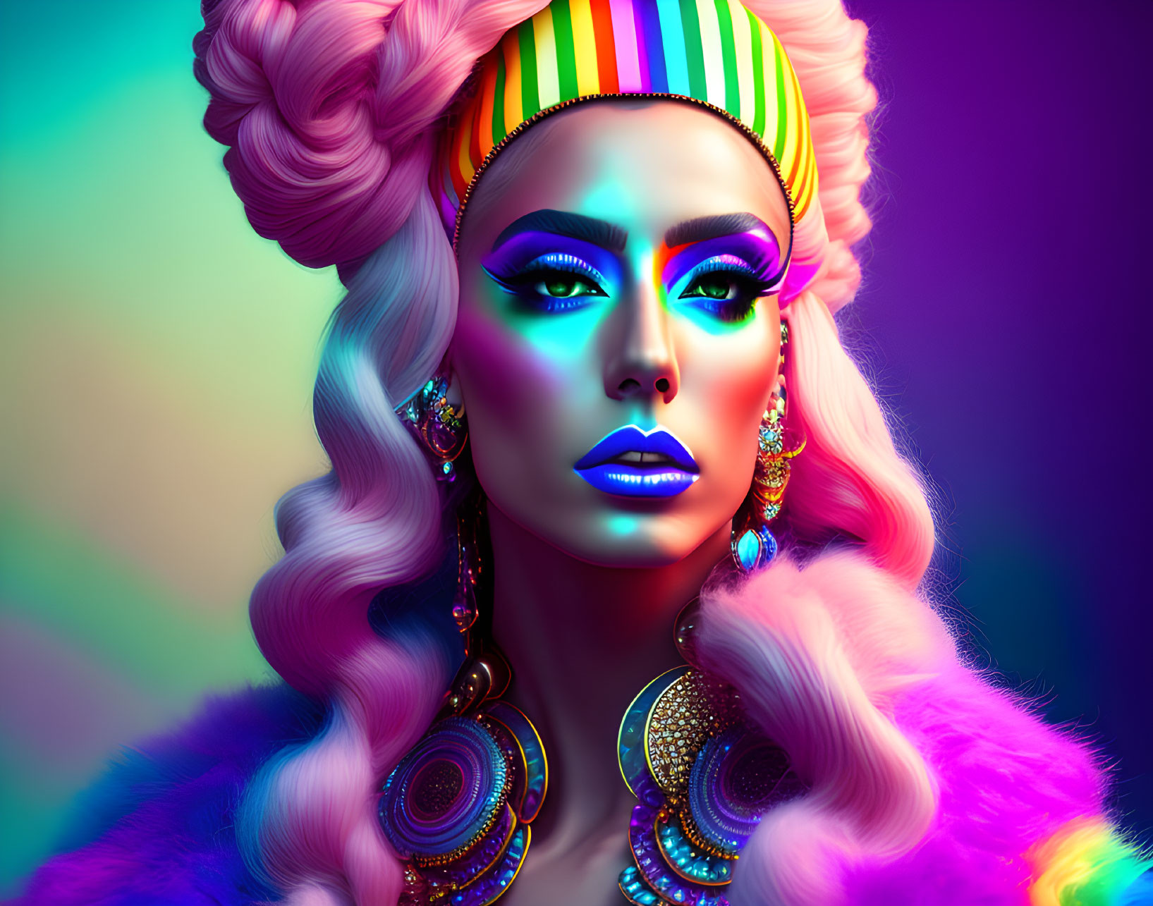 Colorful portrait featuring elaborate makeup, headband, and jewelry on multicolored backdrop