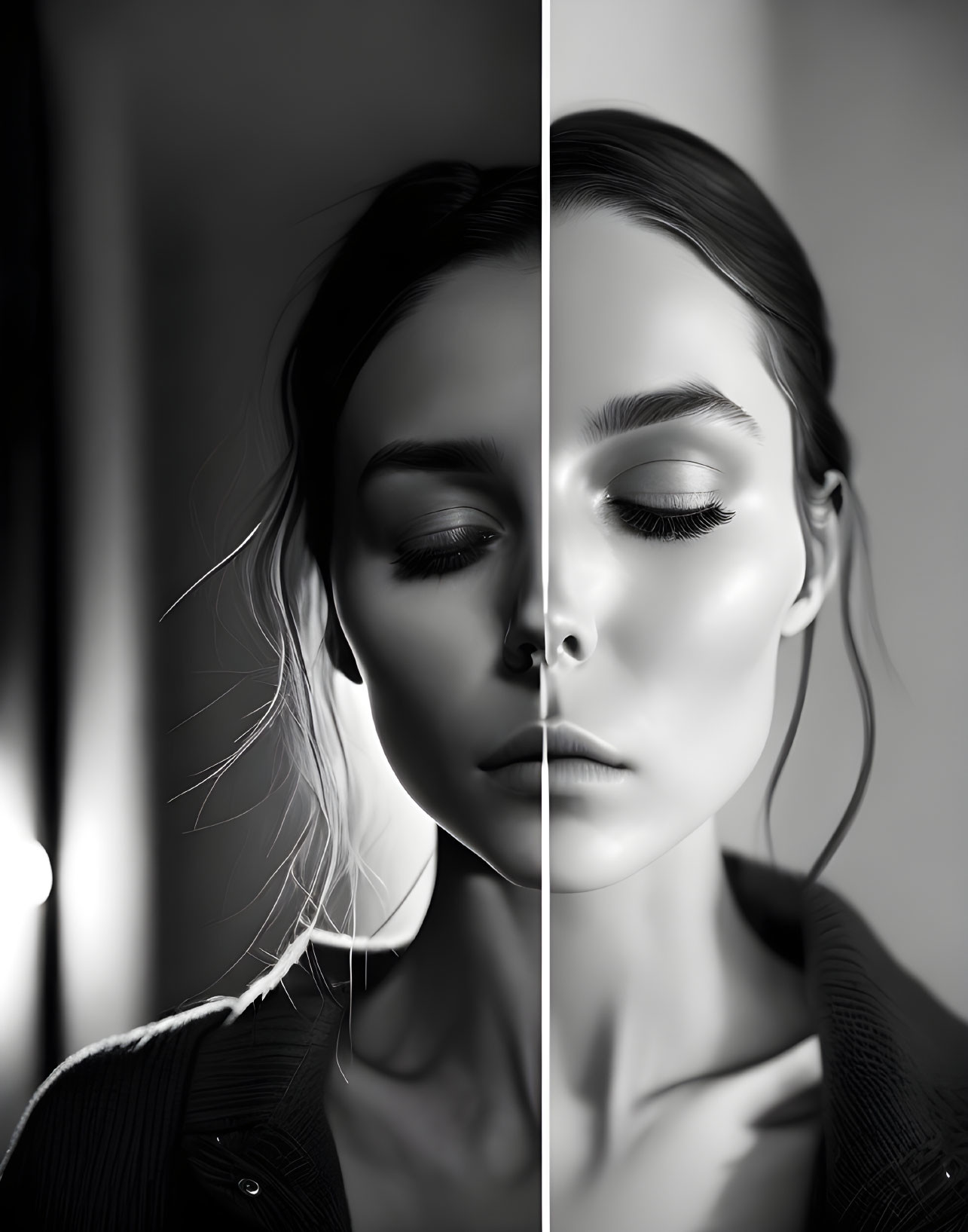 Split-face black and white portrait with contrasting lighting and detailed makeup