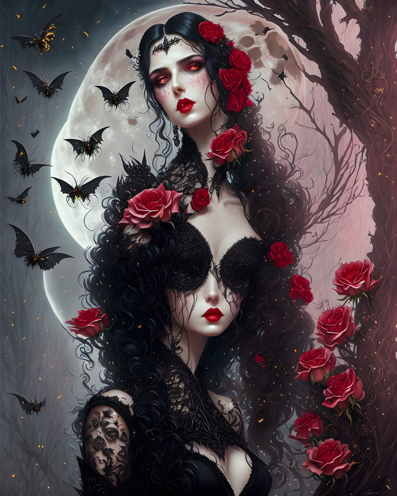 Gothic Artwork: Woman in Black Lace with Red Roses and Butterflies