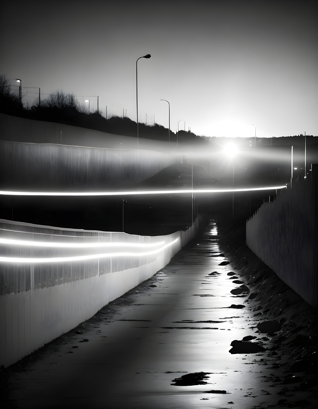 Sunlit Monochrome Road with Light Trails and Wet Surface