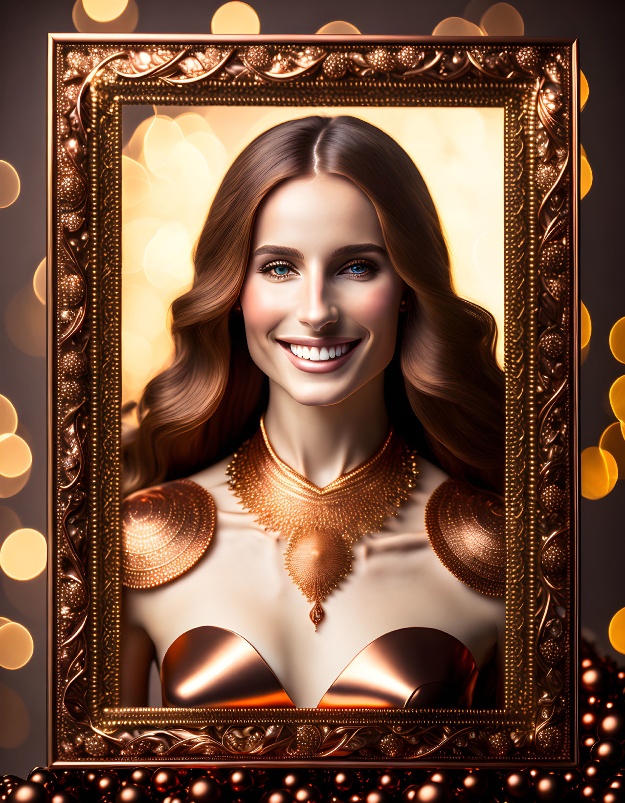 Smiling woman with long hair in gold frame against bokeh background