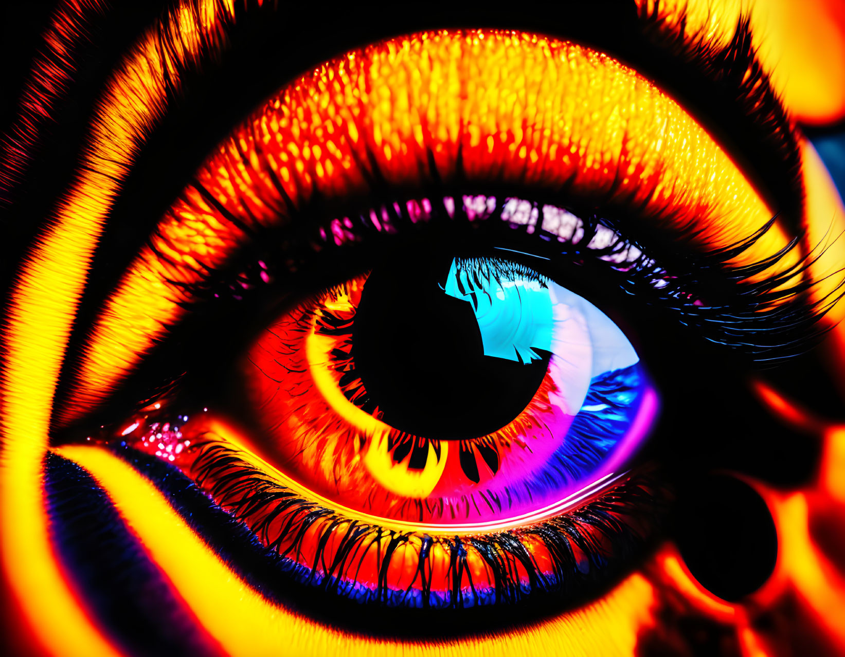 Close-Up Eye Image with Fiery Orange, Yellow, and Red Hues