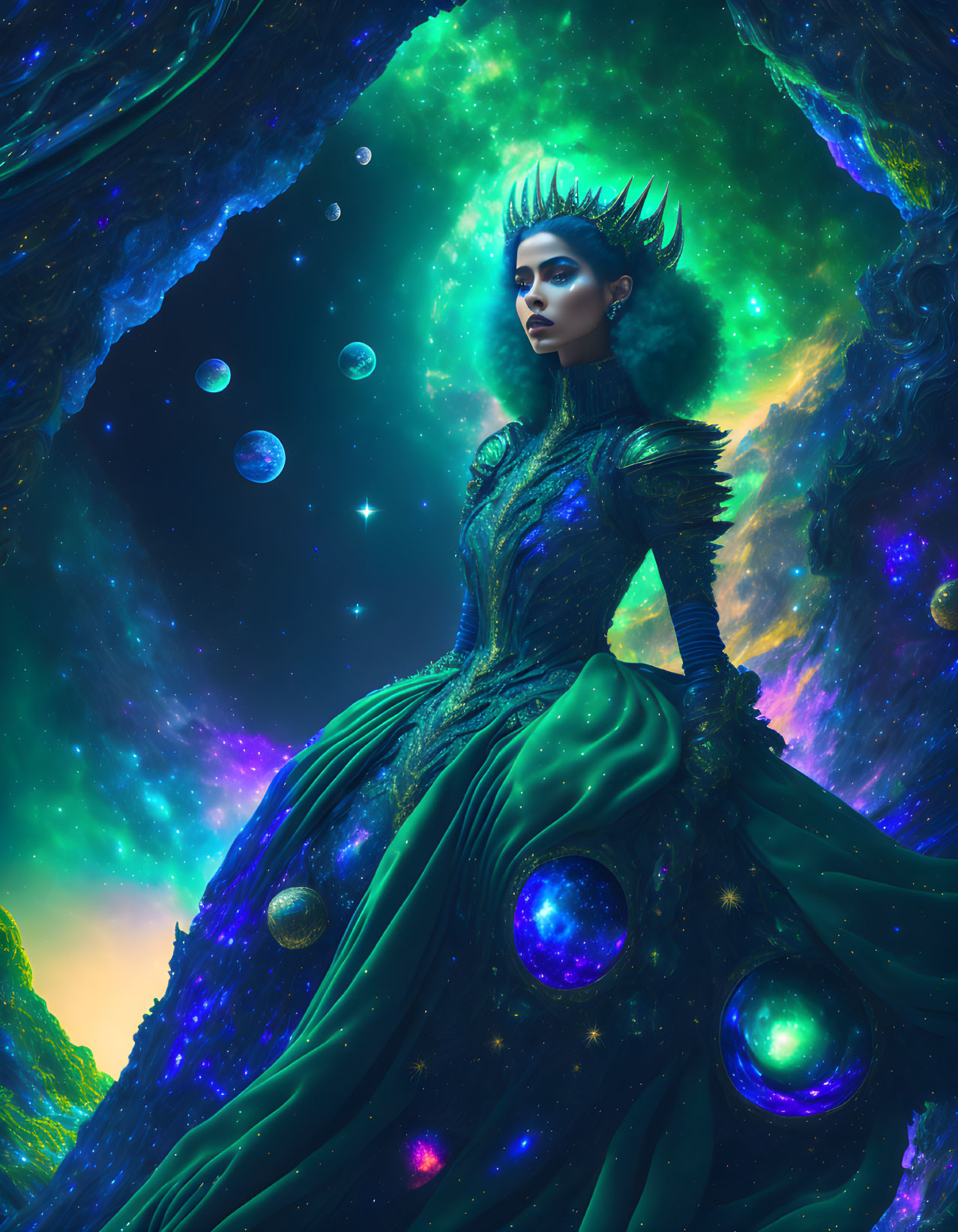 Majestic figure in green cosmic dress amidst vivid nebula backdrop