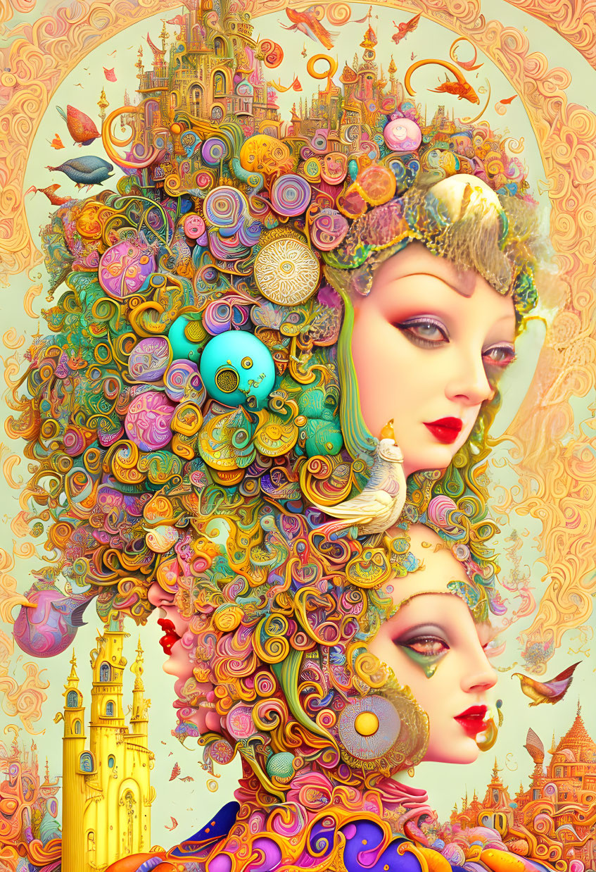 Colorful surreal illustration of two profiles with elaborate headdresses and whimsical buildings