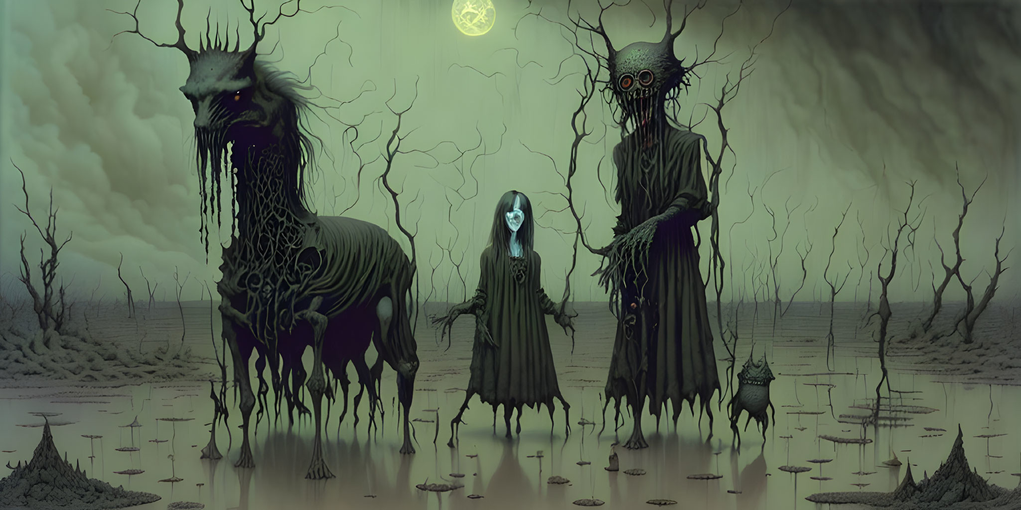 Blue-haired girl in swamp with eerie creatures under green moon