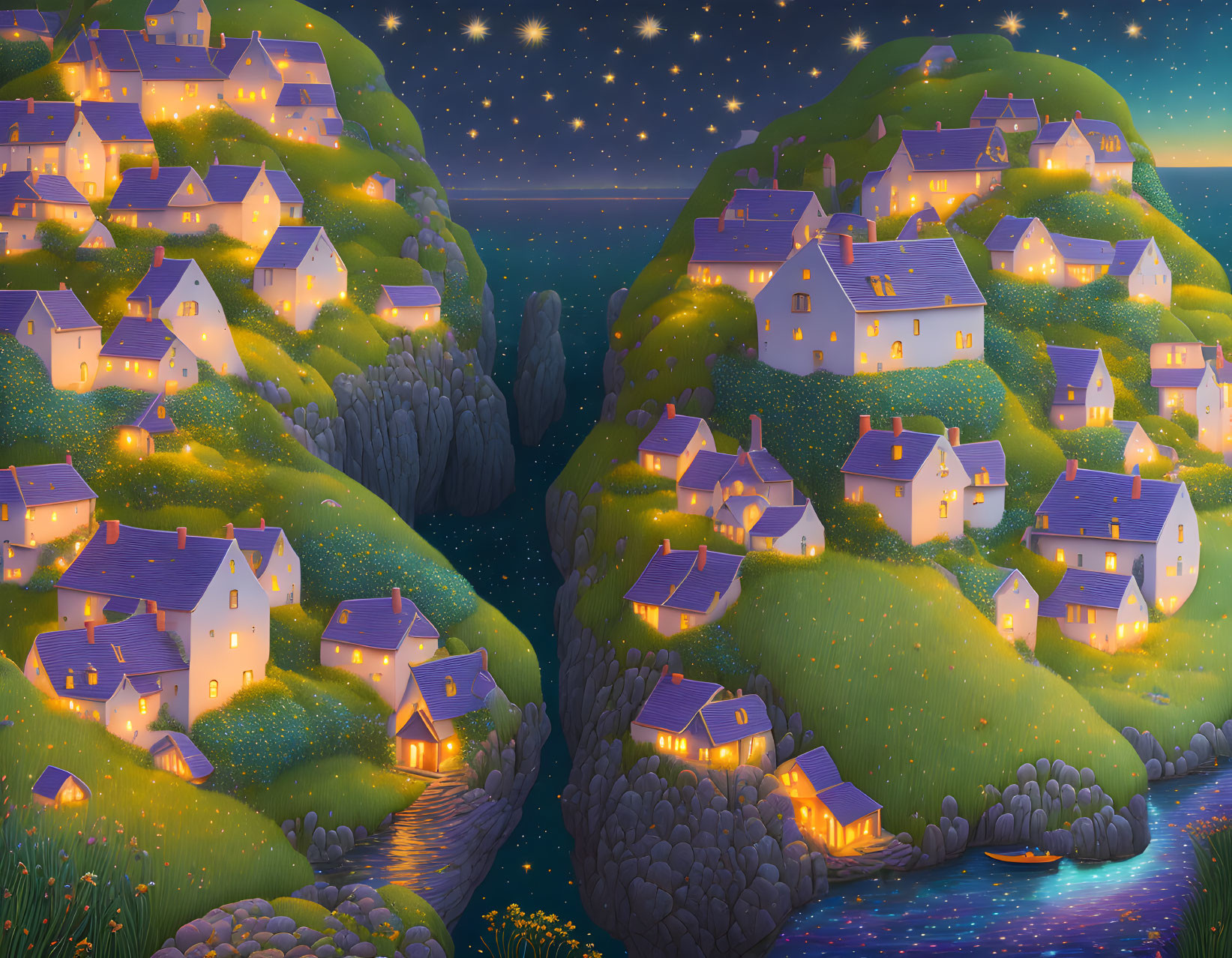 Peaceful night-time village nestled on lush hills under star-filled sky