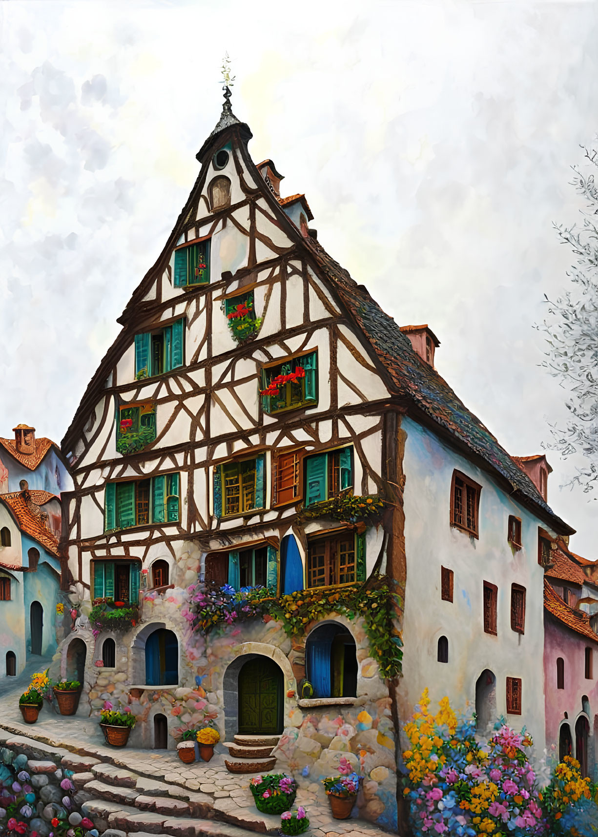 Half-Timbered House with Pointed Roof and Flowers in Old-Fashioned Village Street