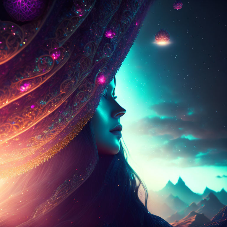 Surreal portrait of woman with cosmic backdrop and jeweled headdress