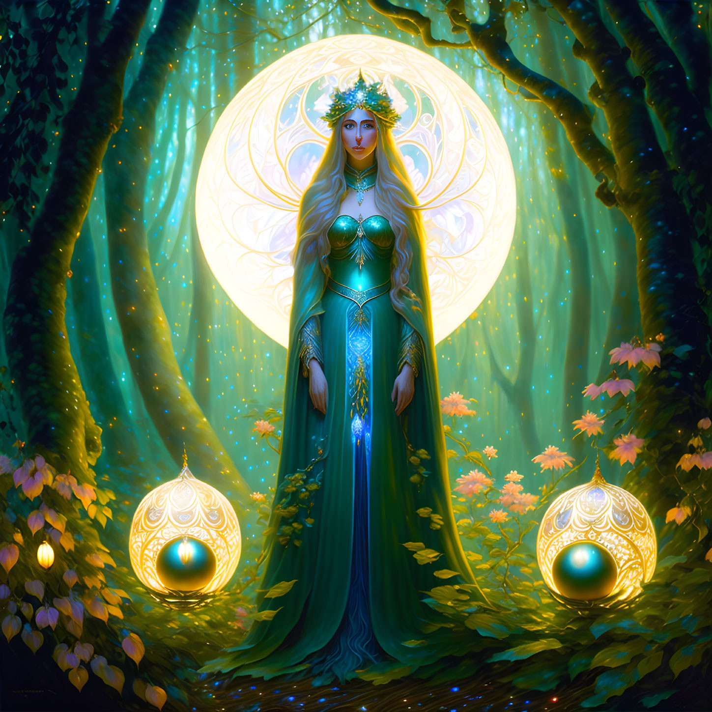 Ethereal woman in teal attire in enchanted forest with glowing orbs