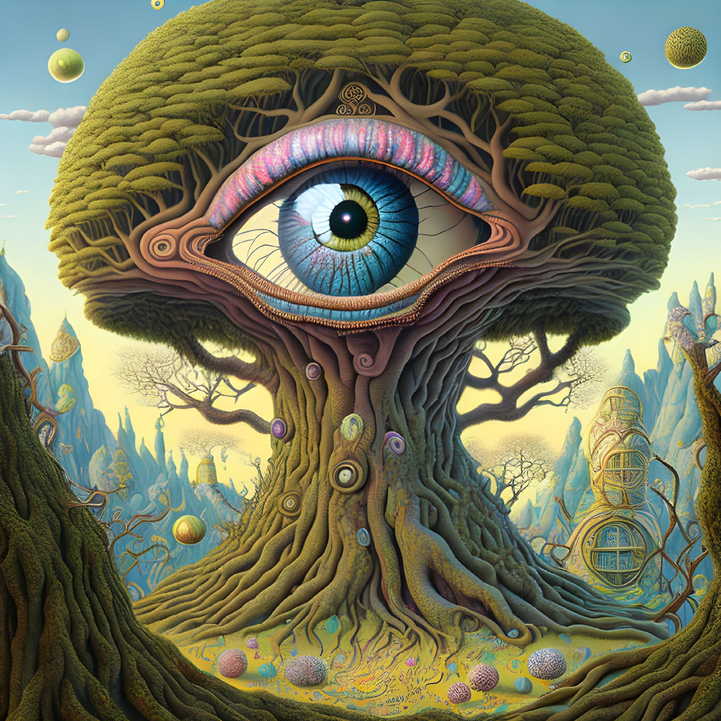 Surreal illustration of tree with eye-shaped branches and whimsical houses intertwined in roots.