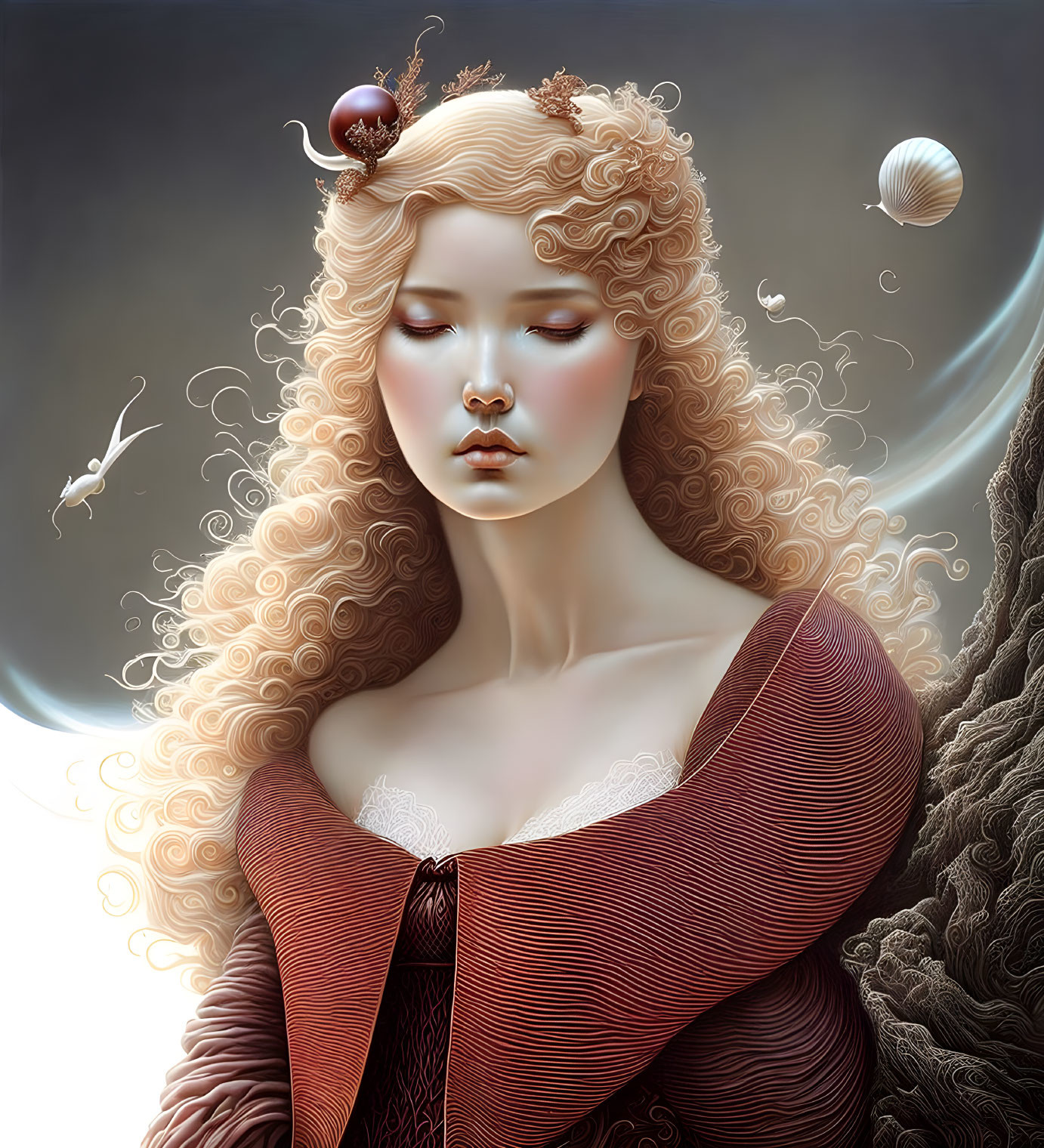 Surreal portrait of woman with golden curls and celestial elements