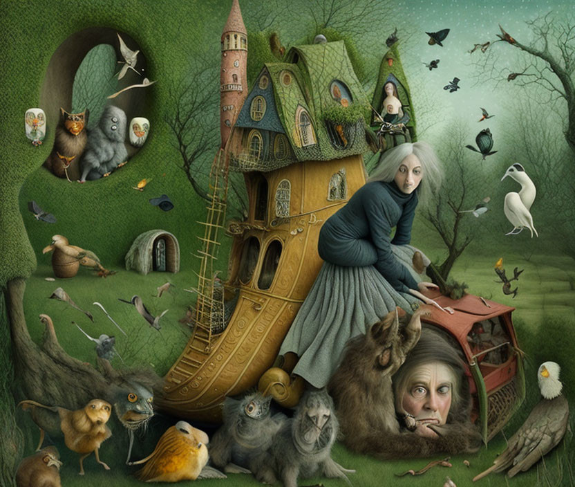 Surreal illustration featuring woman, animals, whimsical shoe-shaped house, fairy tale elements