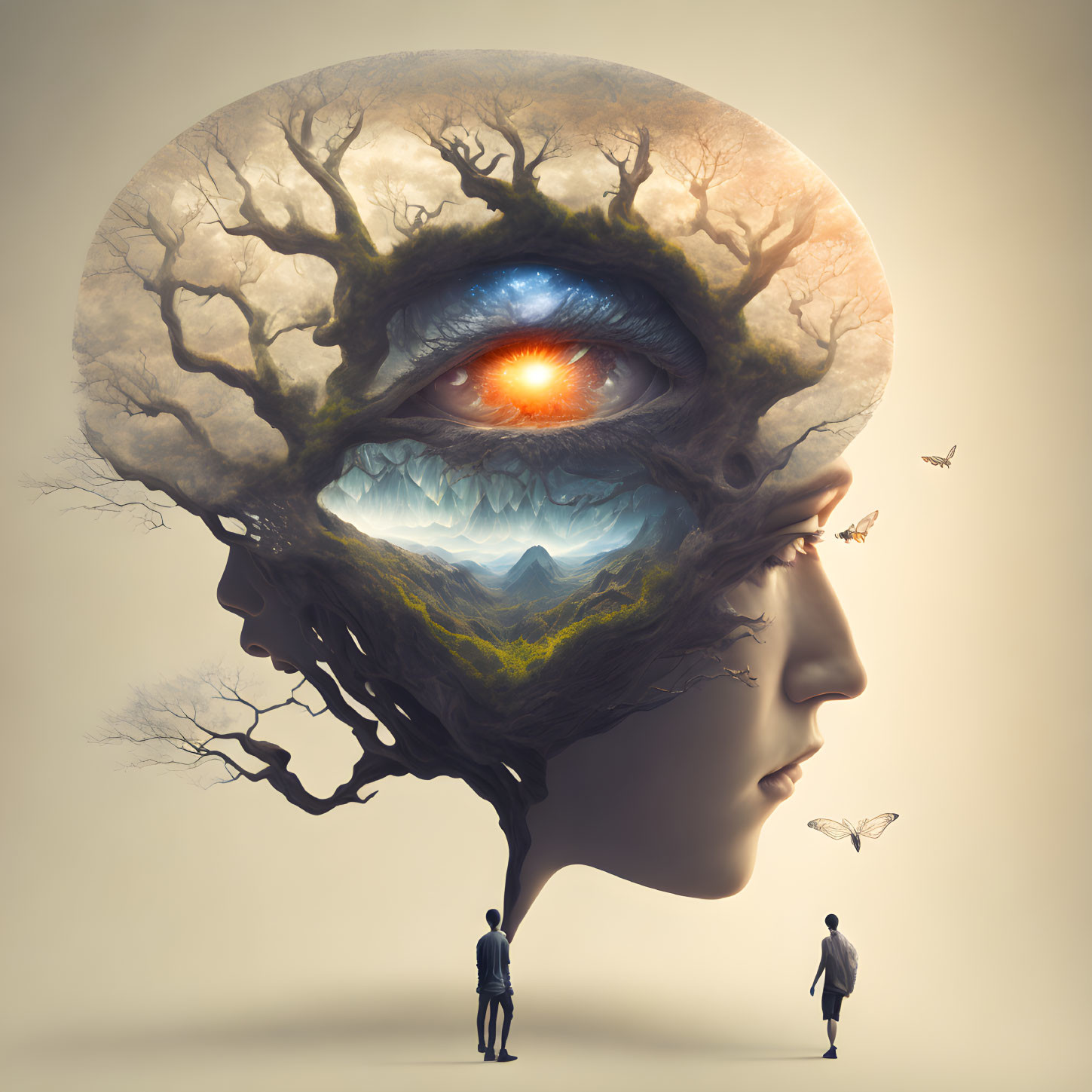 Surreal human head illustration with landscape brain and central eye