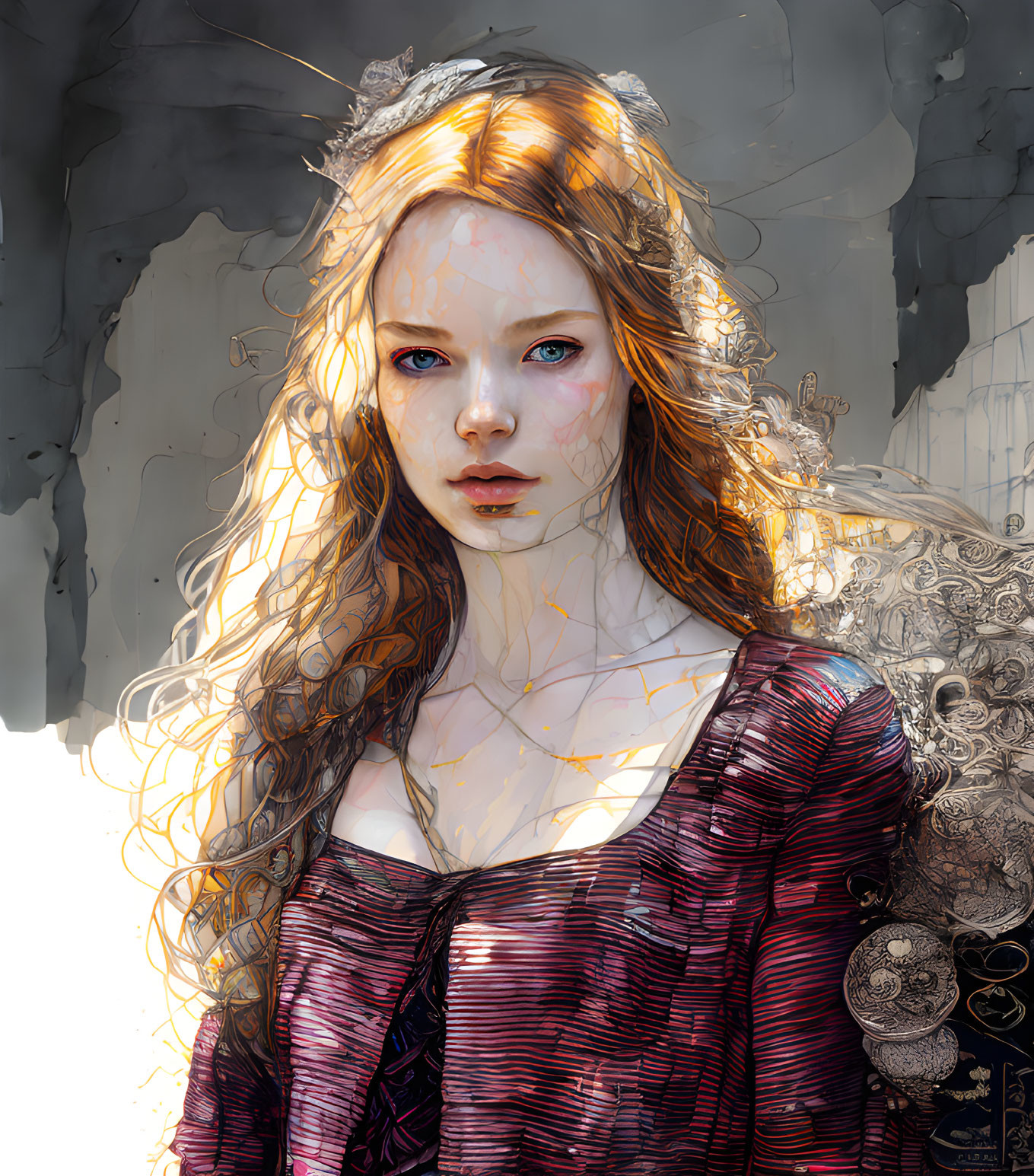 Detailed illustration: Young woman with red hair & blue eyes, wearing tiara, set in ethereal