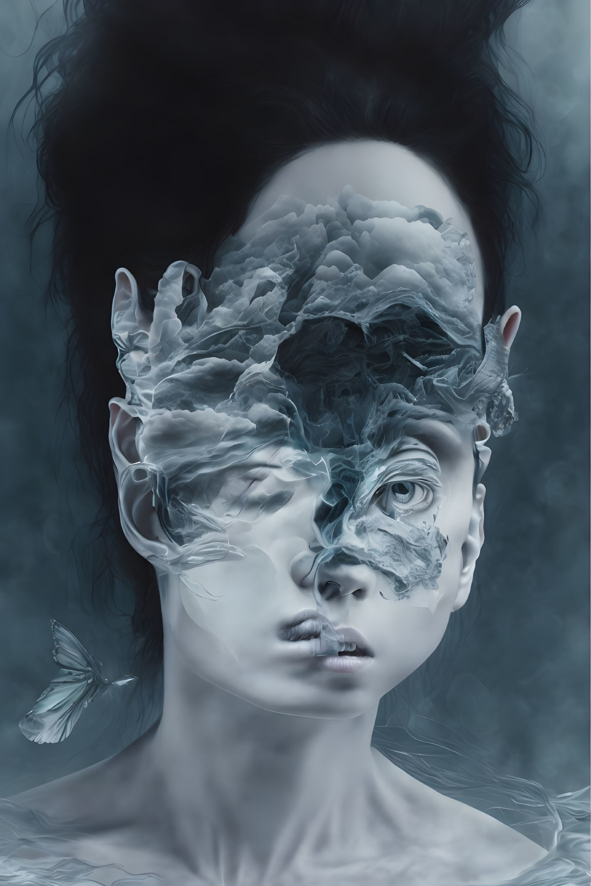 Surreal portrait with obscured face, cloud-like textures, butterfly, cool-toned backdrop