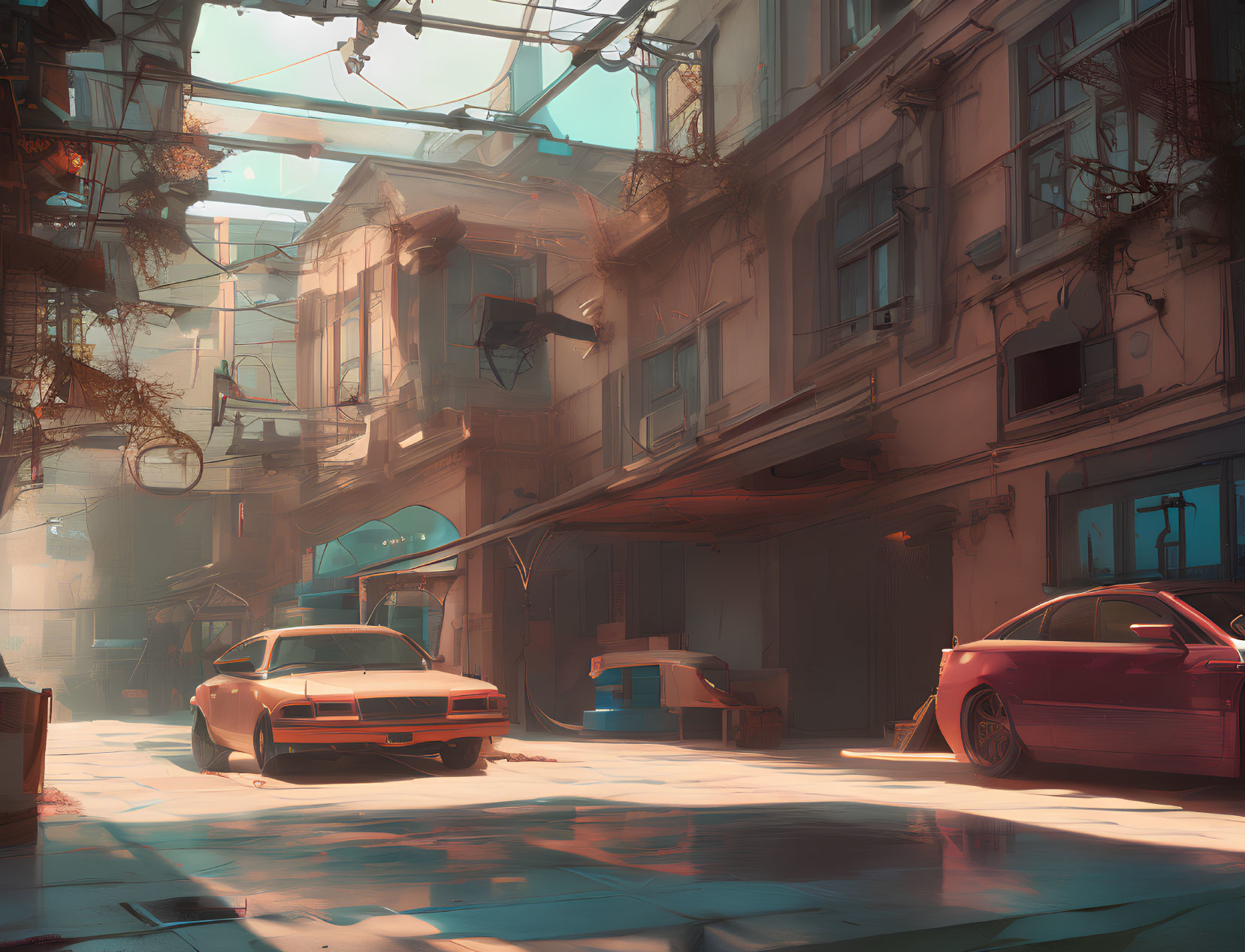 Sunlit urban alley with futuristic elements, cars, and balconied buildings in warm glow