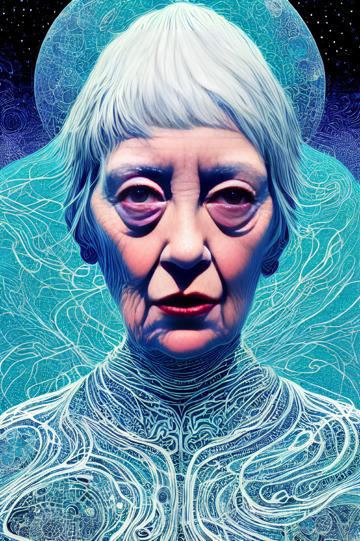 Elderly Woman Digital Portrait with Cosmic and Celestial Motifs