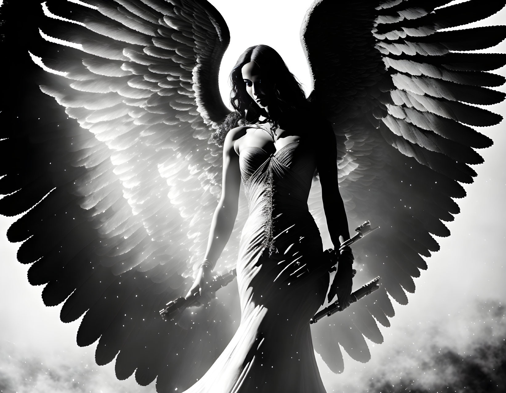 Monochrome image: Woman with dark angel wings and sword on cloudy sky.