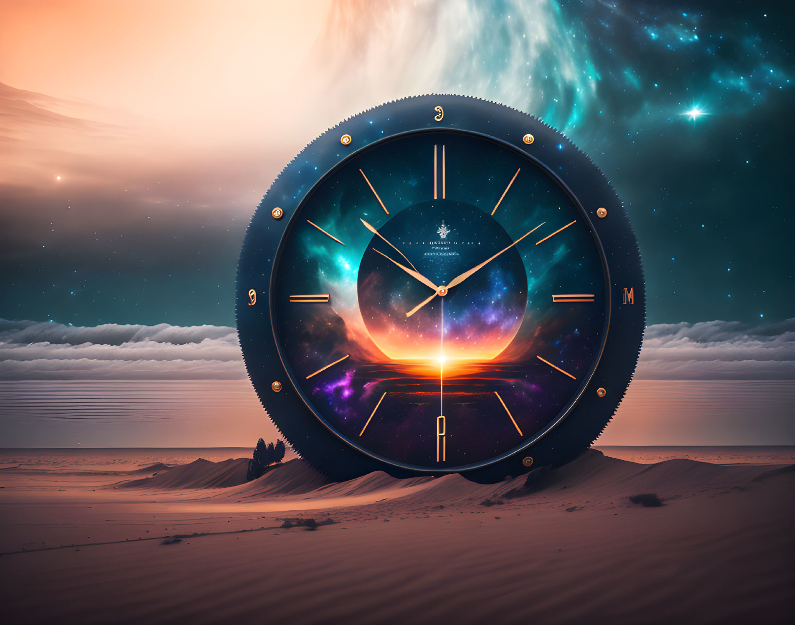 Large clock merges with desert landscape under cosmic sky