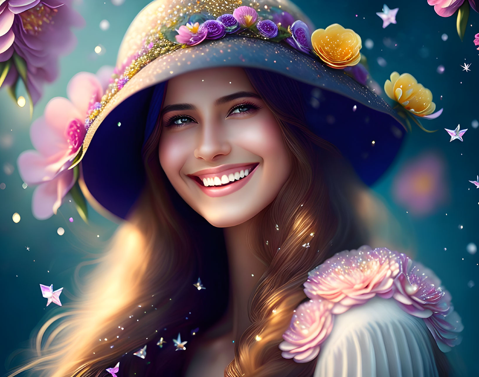 Smiling woman in floral hat under starry sky portrait