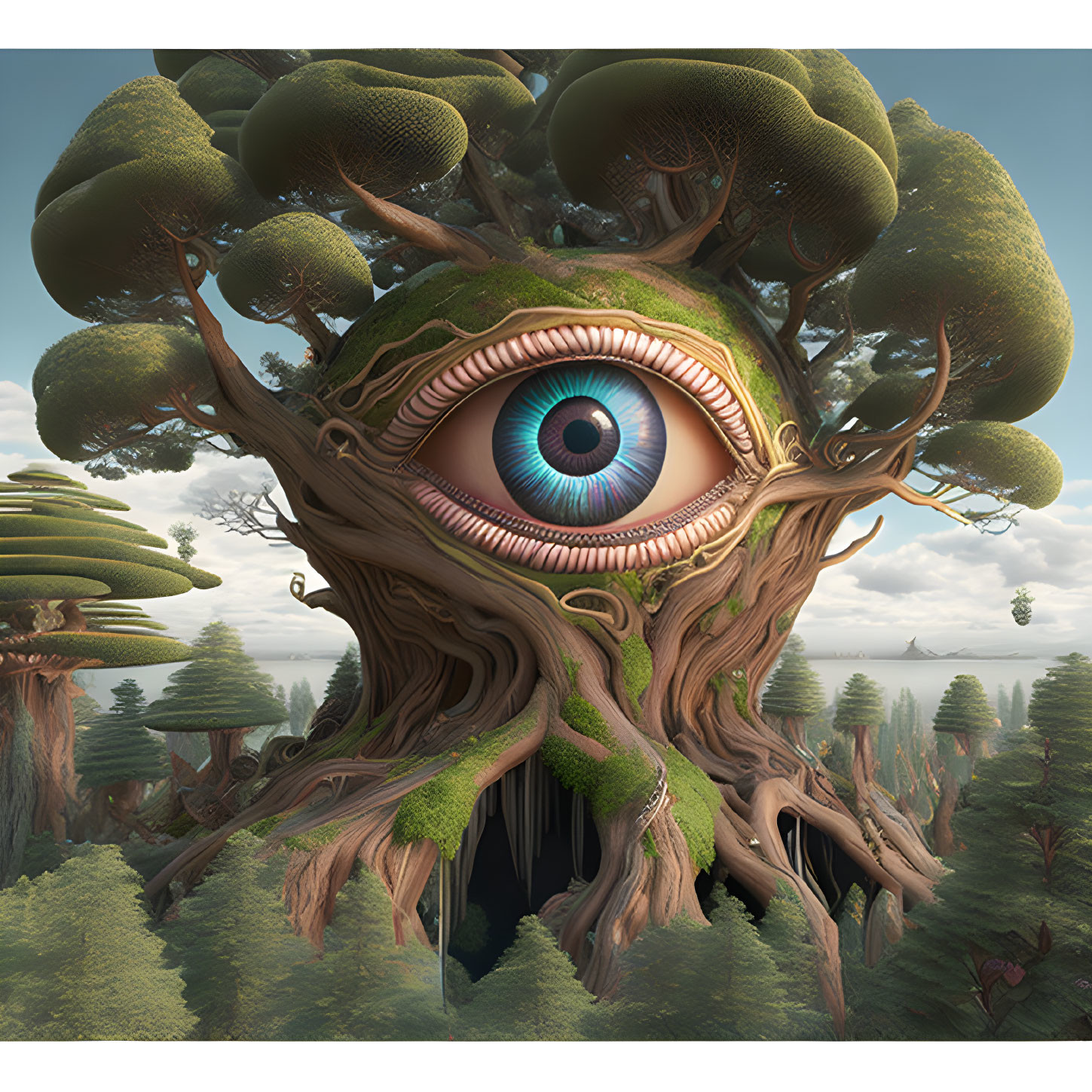 Surreal image of giant tree with eye, moss-covered roots, and mushroom canopies