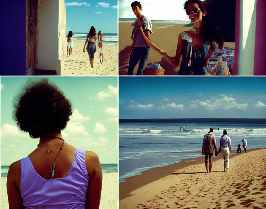 Beach scenes collage with people holding hands, woman gazing at sea, walking on sand, and