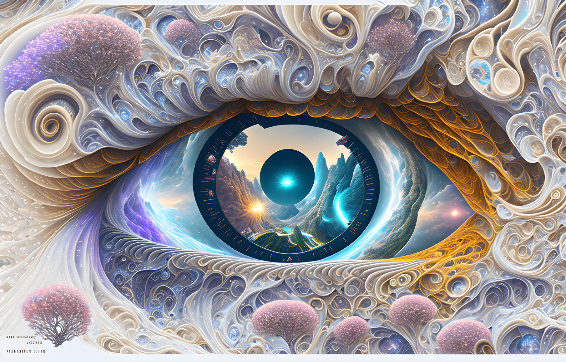 Surreal digital artwork of cosmic eye with mystical landscape