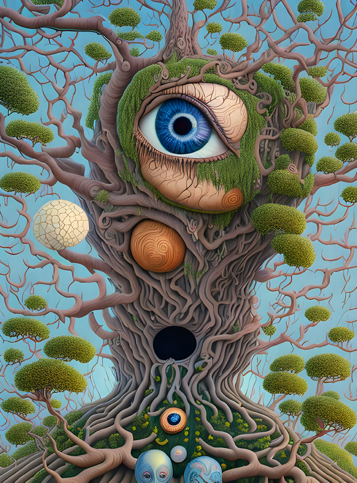 Surreal tree with blue eye, wooden lips, green branches