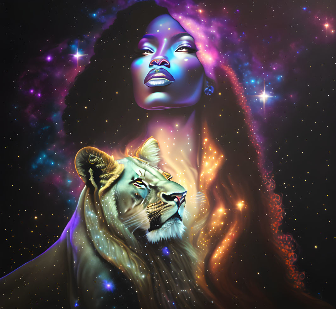 Vibrant celestial portrait with woman and lion in galaxy backdrop