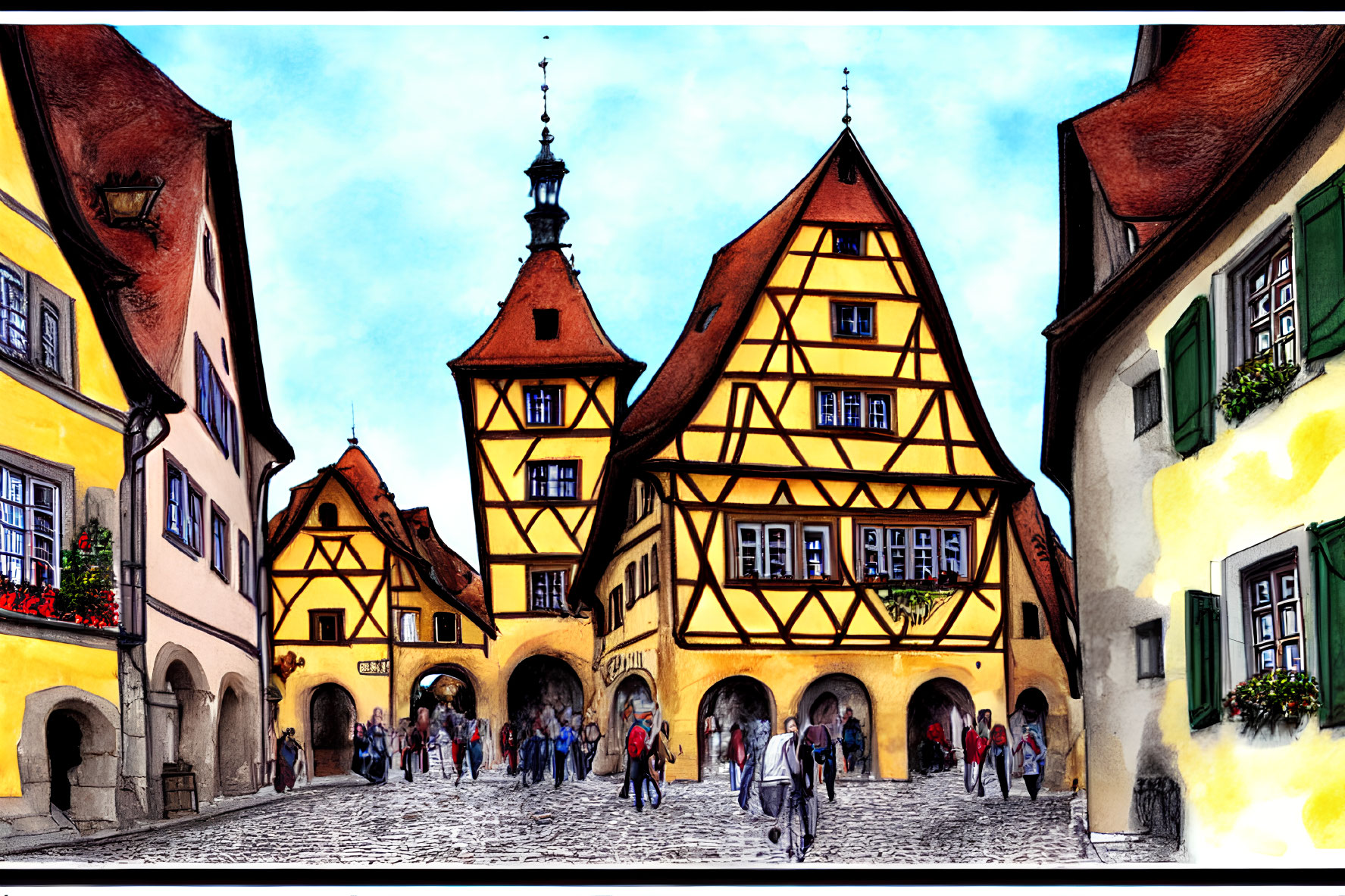 Vibrant illustration of European street with half-timbered buildings