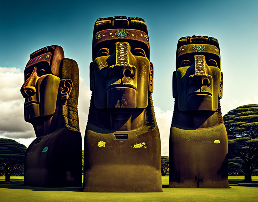 Futuristic cybernetic moai statues in forest setting