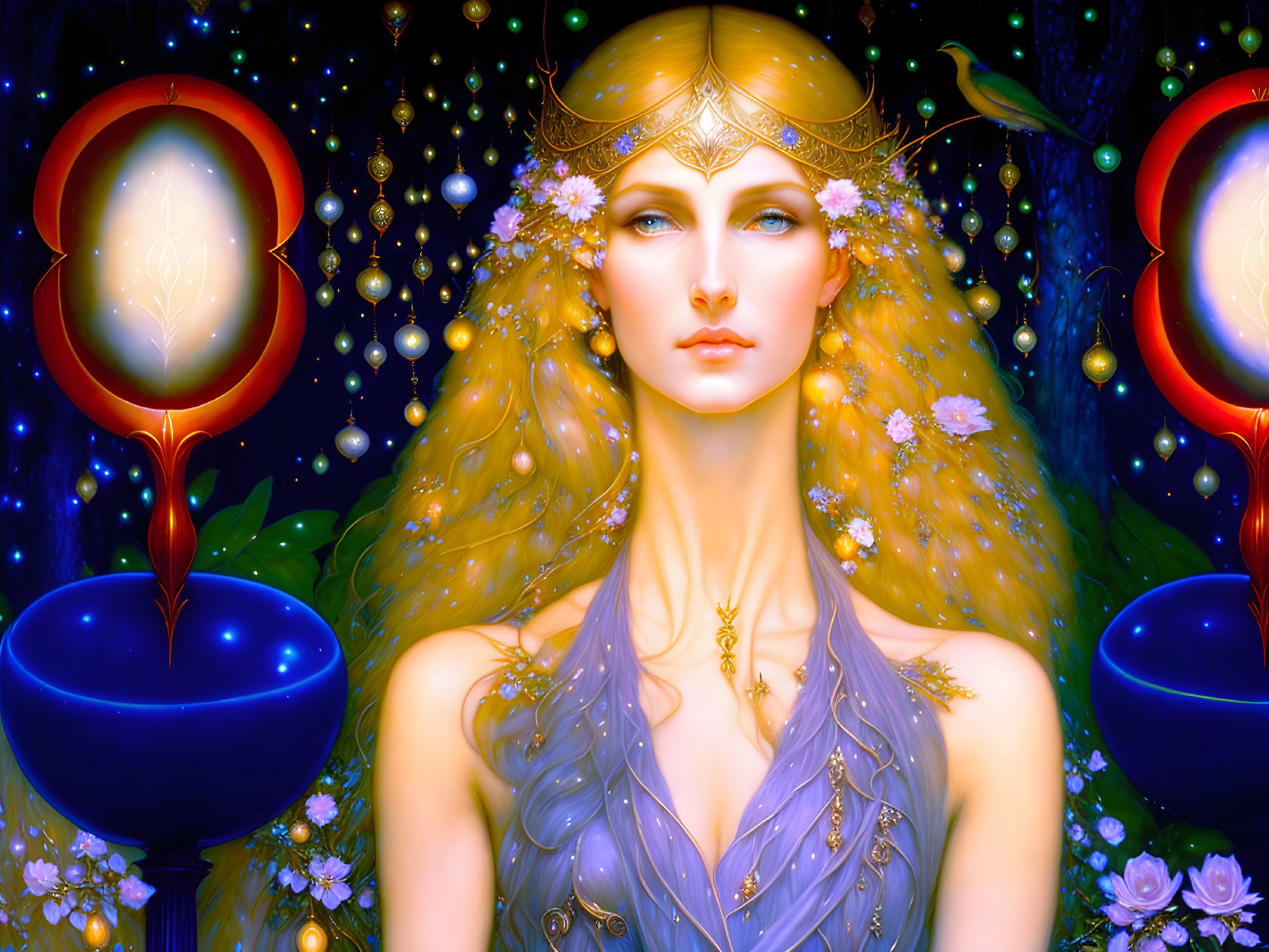 Golden-haired woman with crown surrounded by orbs, flowers, and candles against starry backdrop