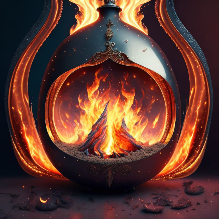 Ornate vessel with swirling flames around vibrant bonfire