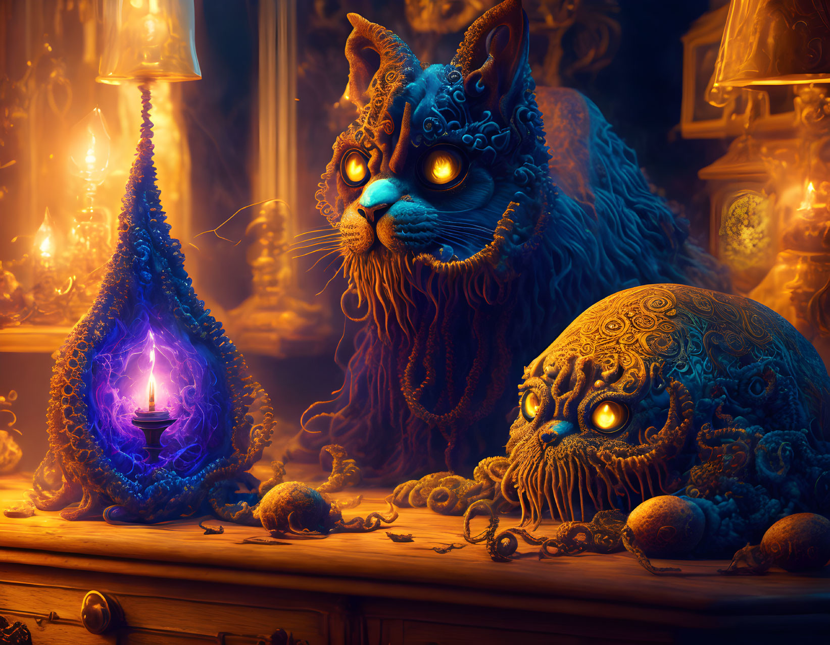 Ornate feline statues with glowing eyes in dimly-lit baroque room