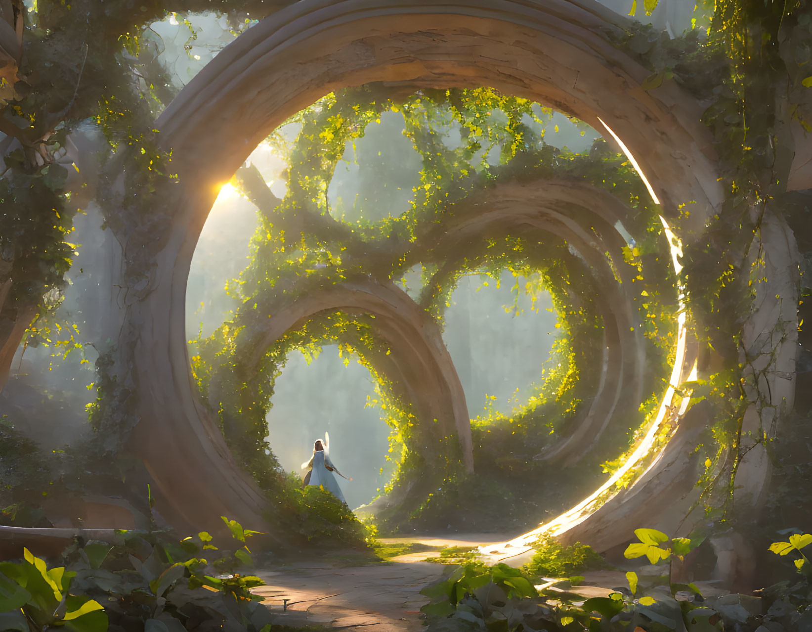 Person walking through sunlit arboreal arches in lush greenery.