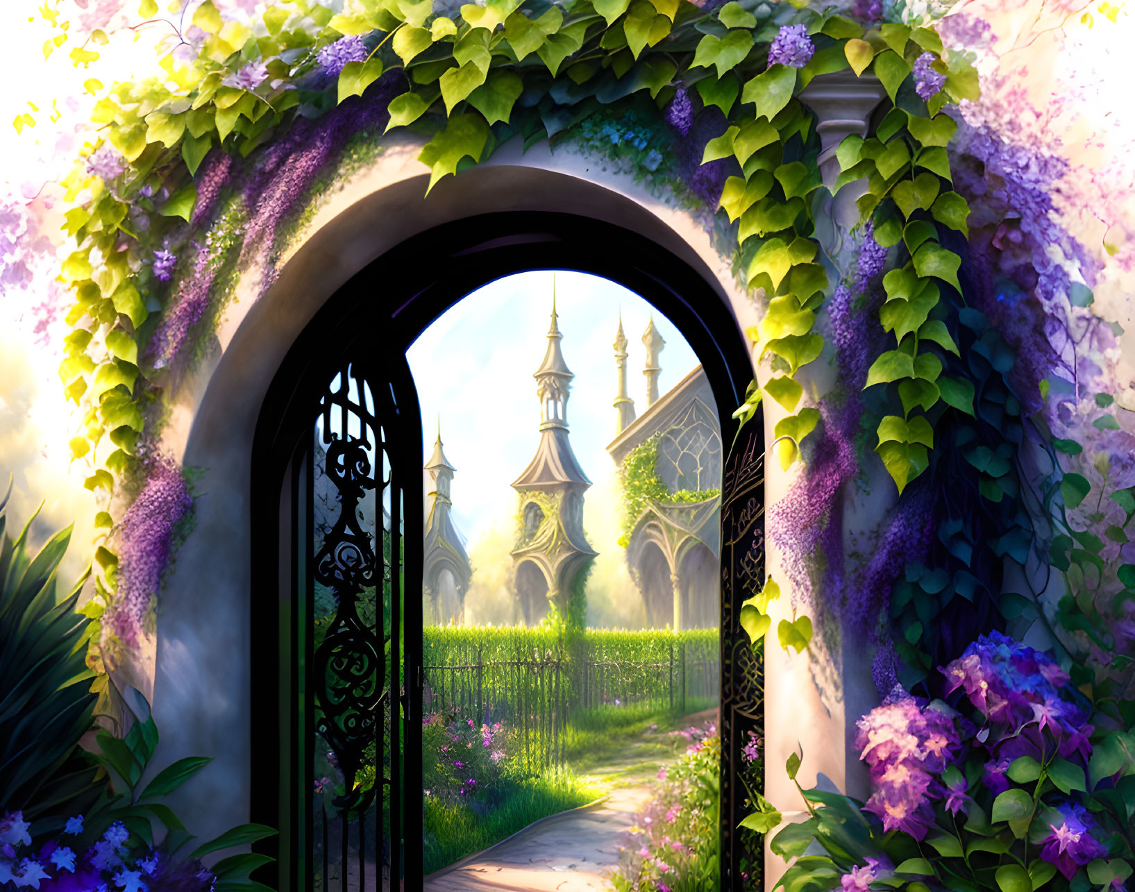 Lush vine-covered garden gateway to mystical castle in sunlit setting