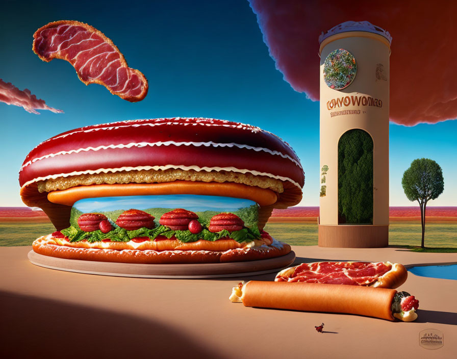 Giant hamburger and oversized food in surreal landscape