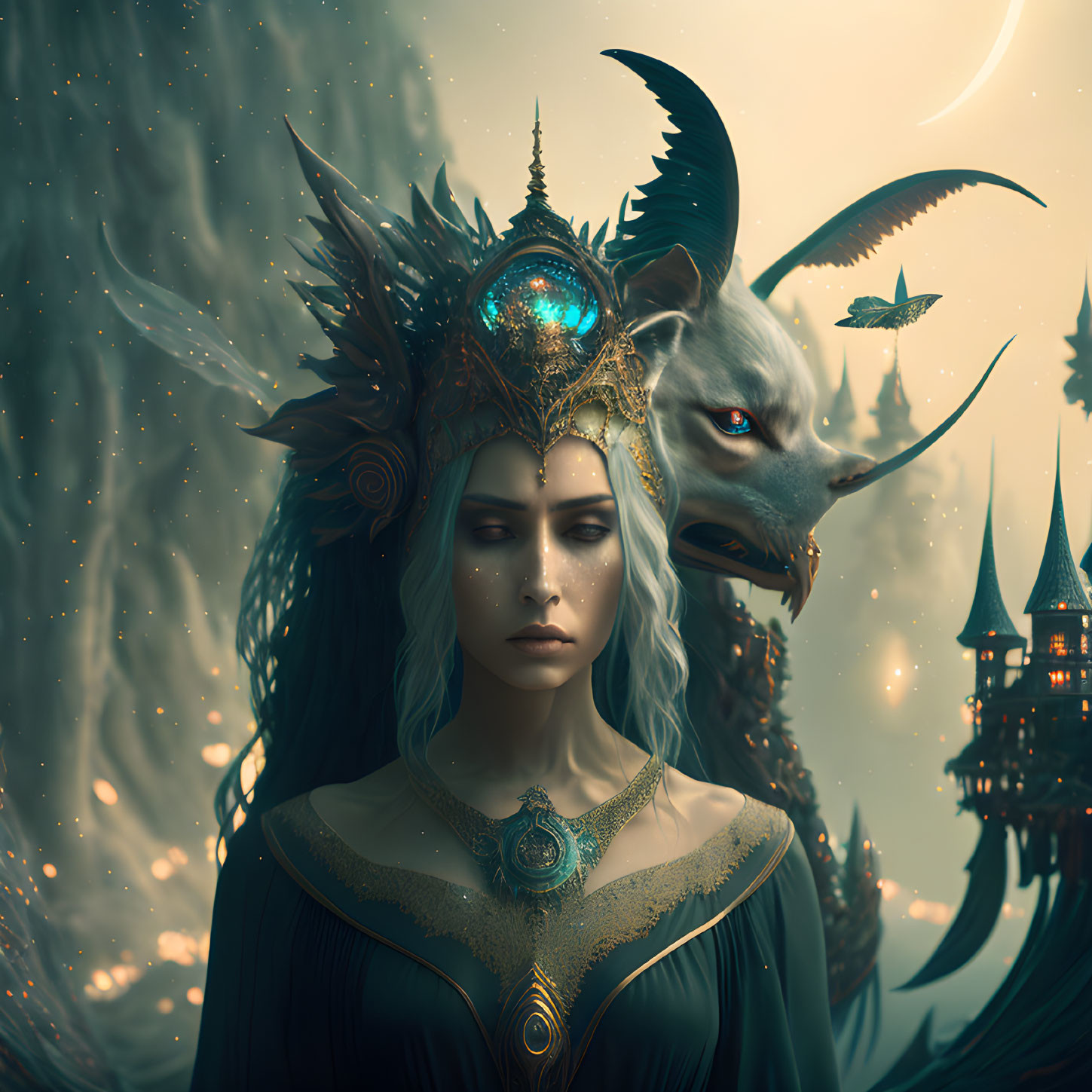 Mystical woman with wolf headpiece and butterflies in fantasy landscape