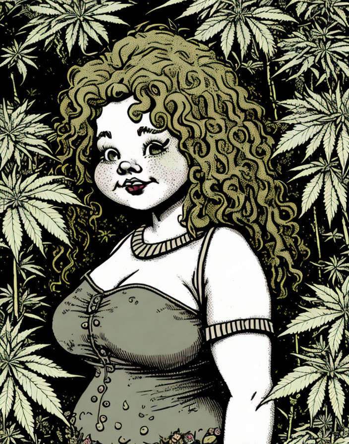 Vintage-style female figure with curly hair in front of cannabis leaves background