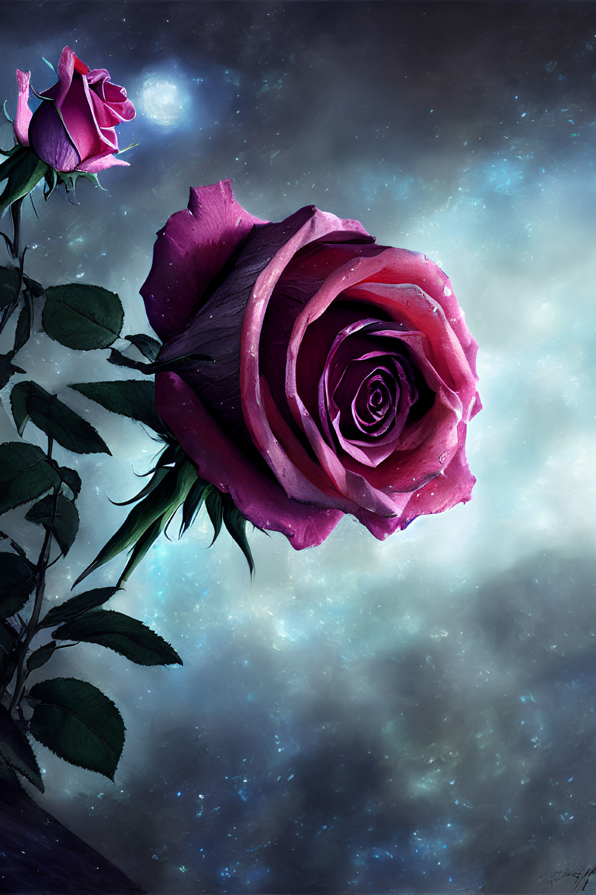 Pink Rose with Dewdrops on Cosmic Background: Dreamy and Vibrant