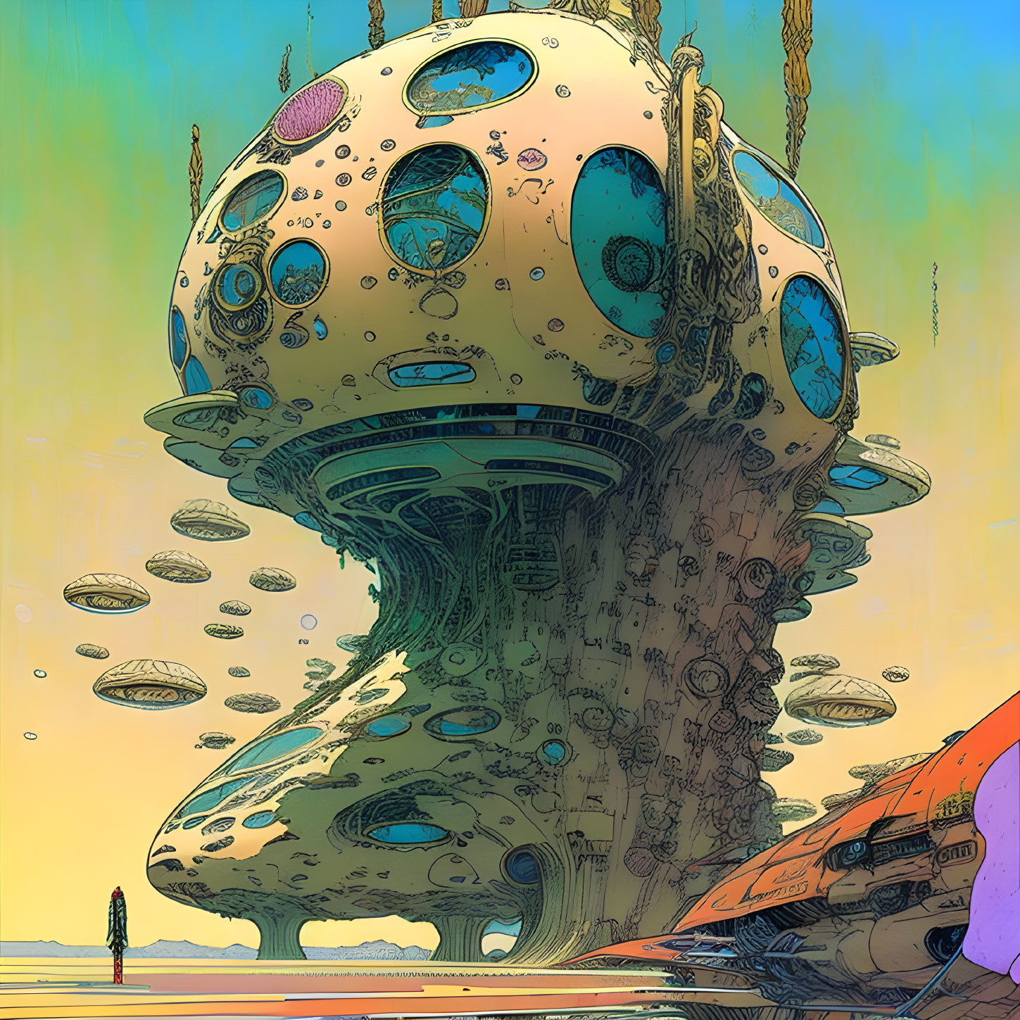 Futuristic scene with towering organic structure, floating discs, lone figure, and colorful sky