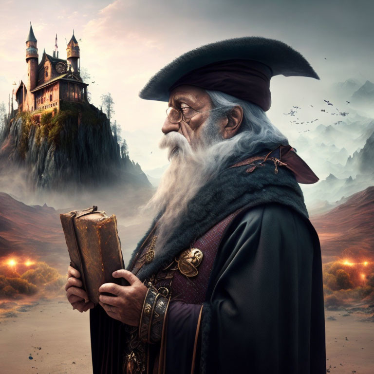 Elderly wizard with long beard and ancient book in fantastical castle setting