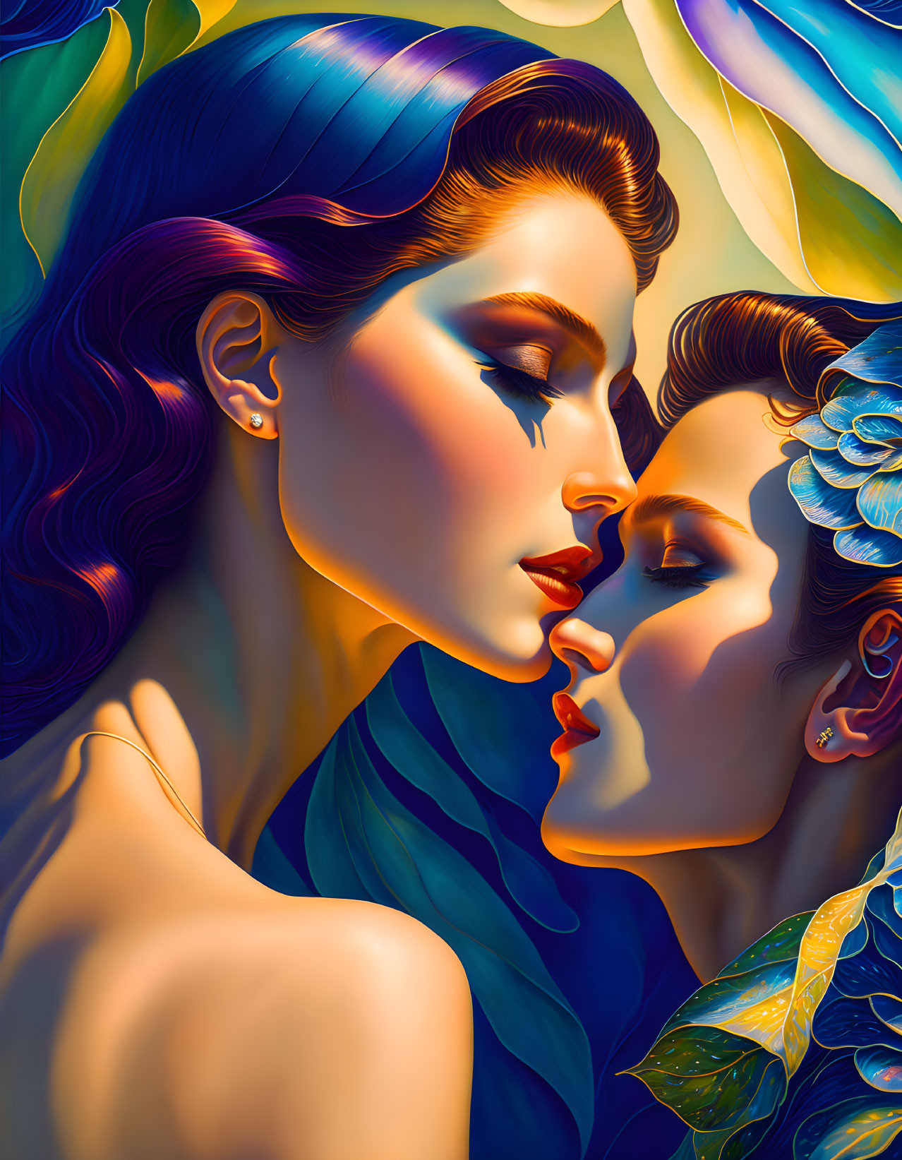 Colorful illustration of two women embracing with floral backdrop