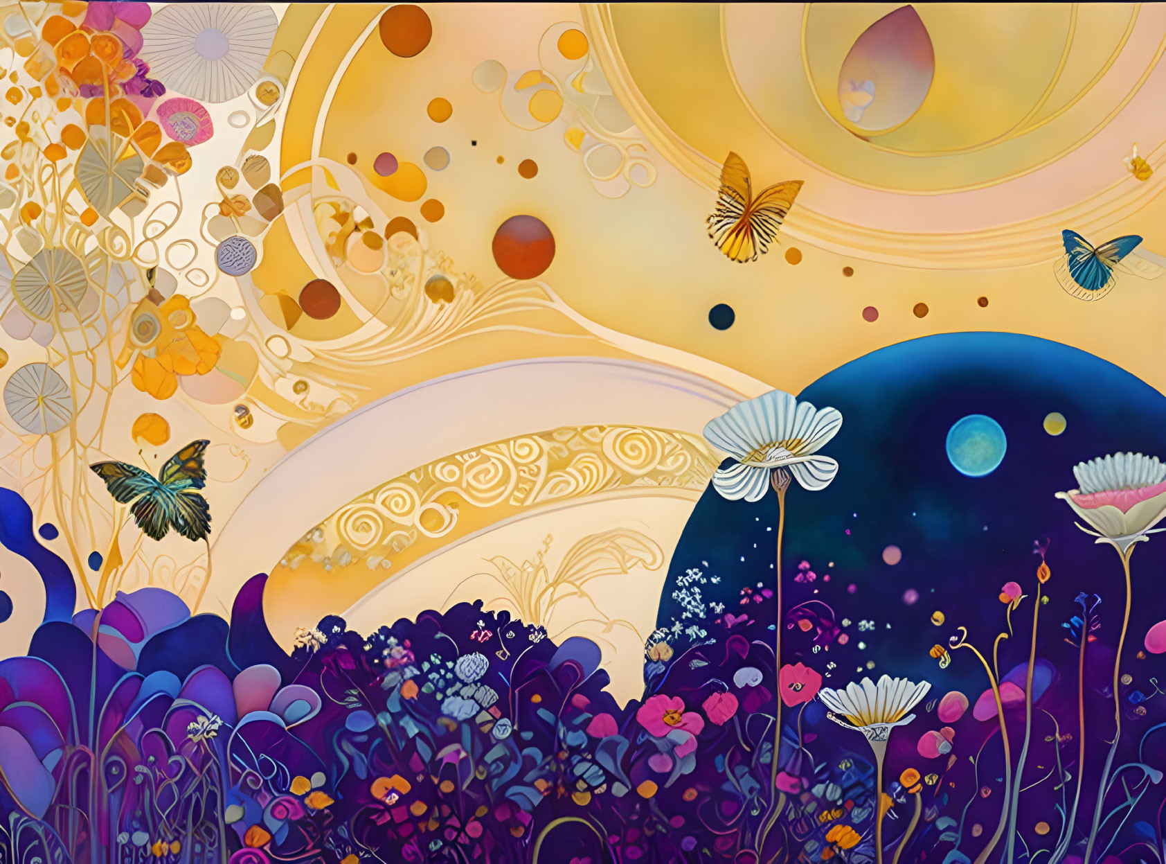 Colorful artwork with floral, butterfly, and celestial motifs in warm and cool tones