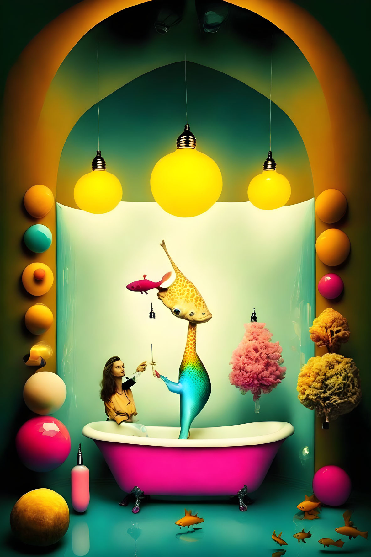 Surreal artwork featuring woman, giraffe, fish, and whimsical scenery