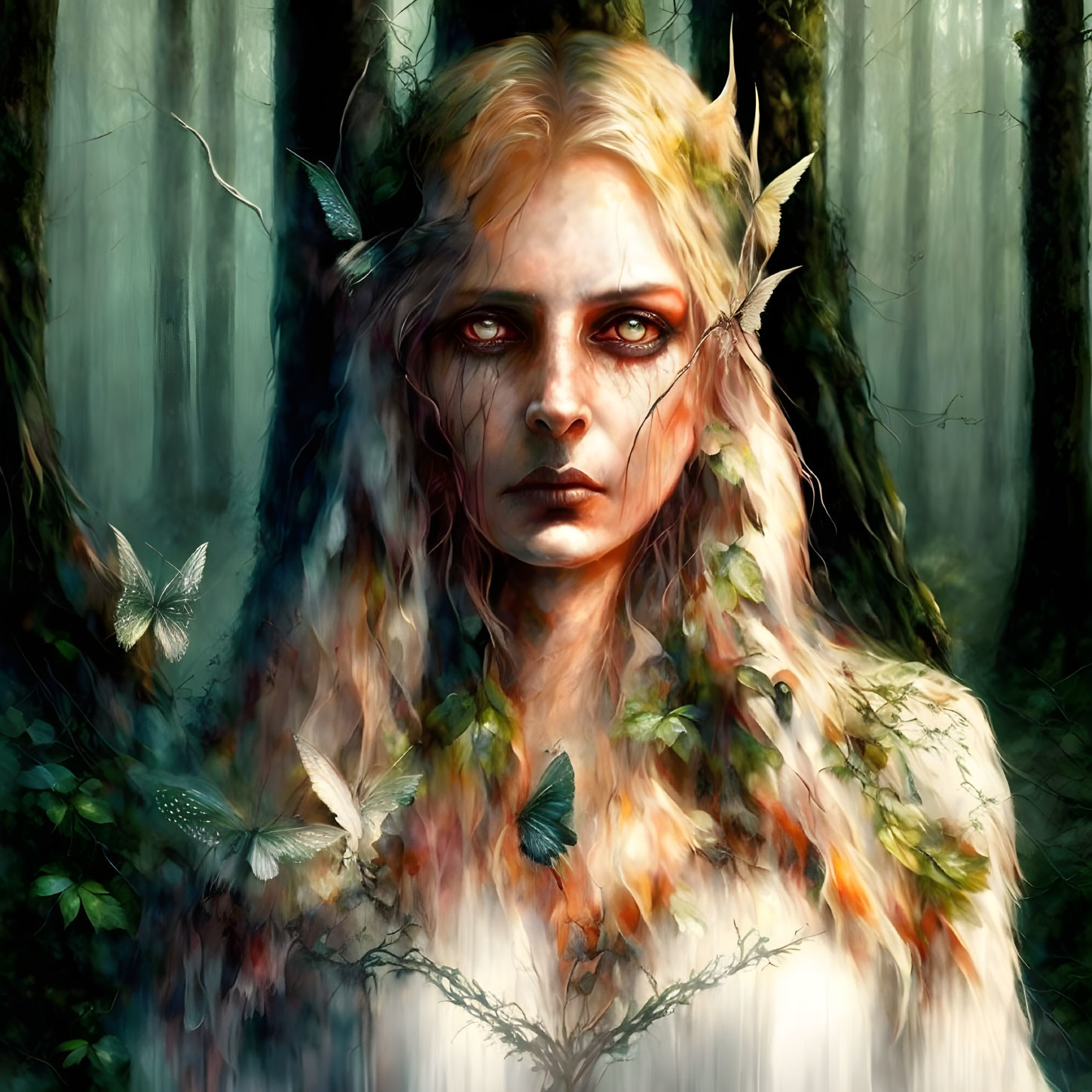 Fantasy portrait of woman with forest makeup, leafy hair adornments, and butterflies in woodland scene