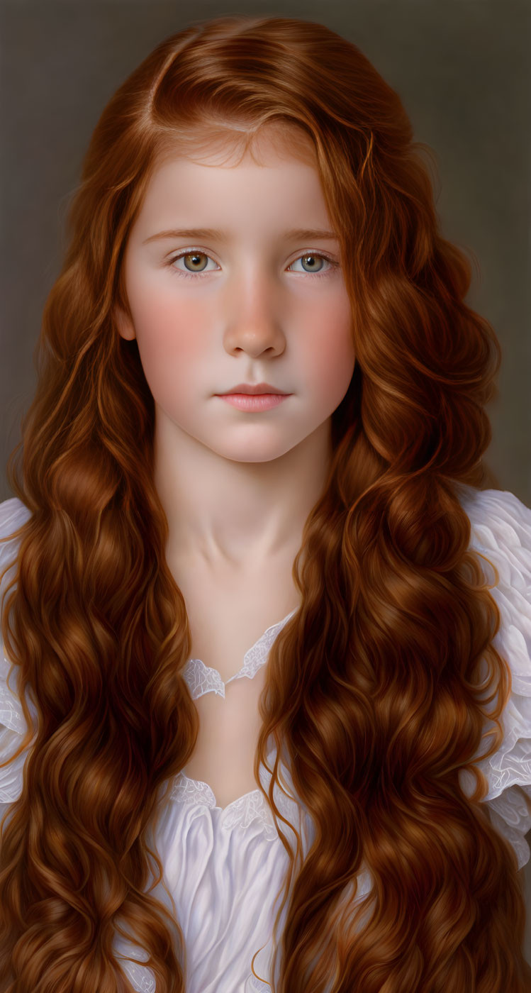 Young girl with curly red hair and blue eyes in white blouse.