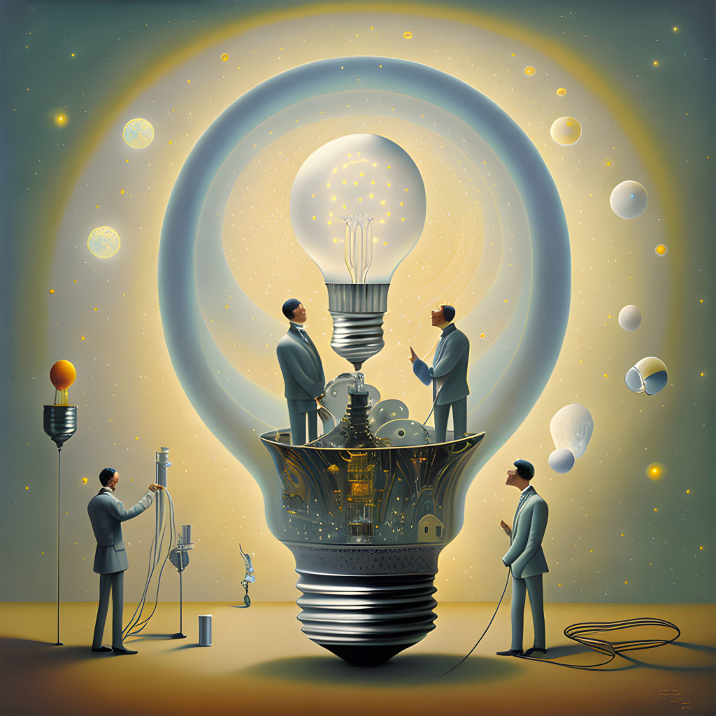 Surreal artwork of people in giant lightbulb with smaller bulbs, set against starry background