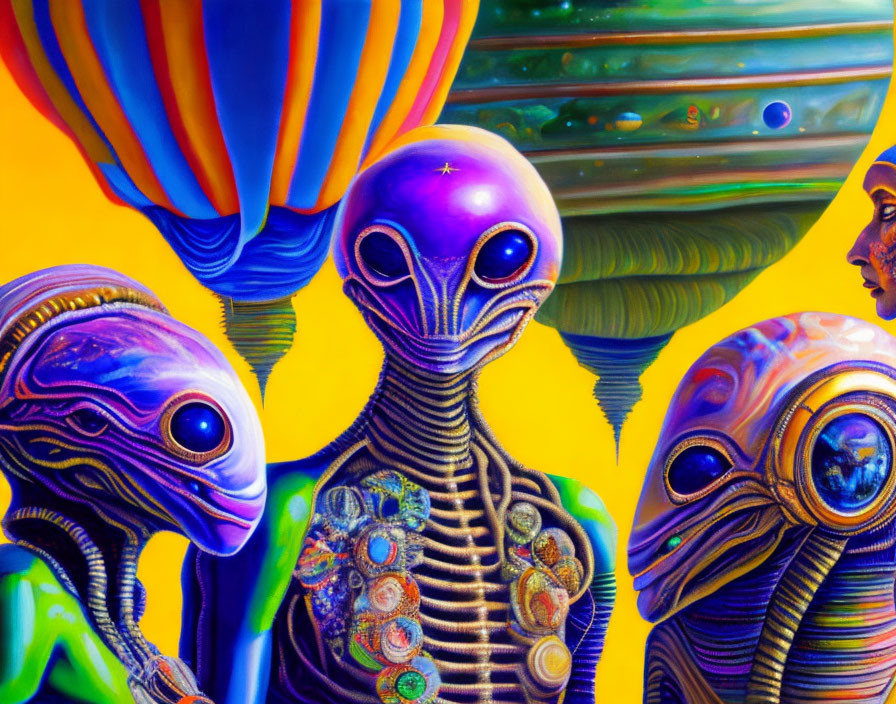 Colorful painting featuring stylized extraterrestrial beings in abstract setting